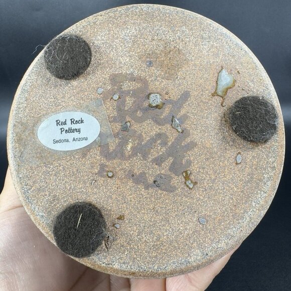 Vintage Red Rock Pottery Stoneware Tea Light Holder Votive Hand Carved Signed - Picture 6 of 13